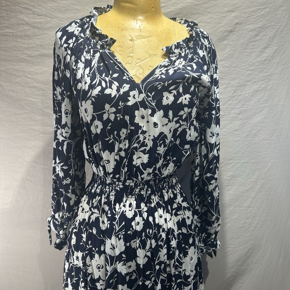 NWT Talbots Women's XS Floral Midi Dress Navy Blue White Long Sleeve Smocked